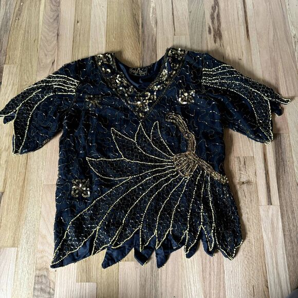 VINTAGE GOLD STAR M 70's beaded sequin gauze hollywood quarter sleeve blouse - Picture 1 of 9